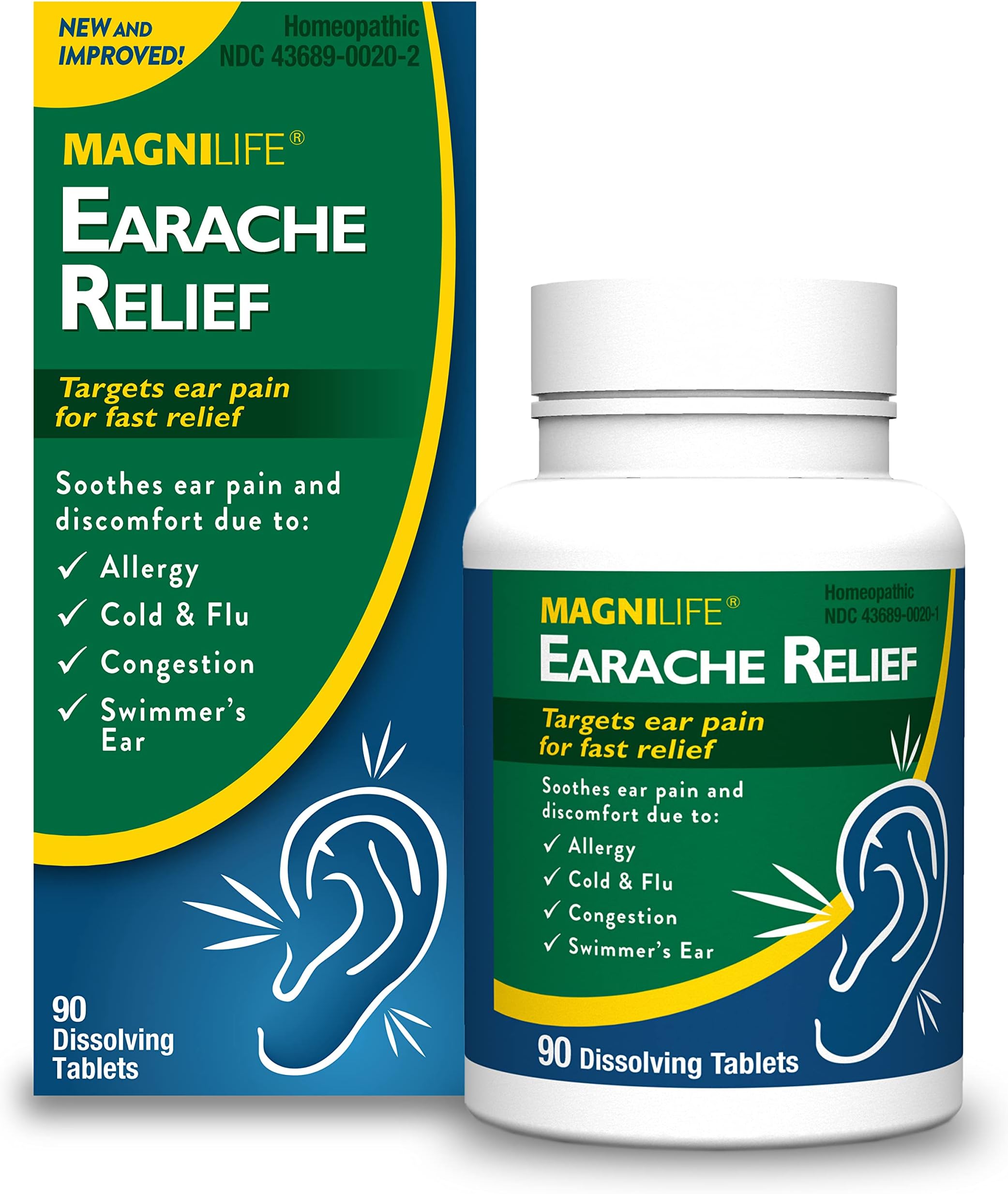 - MagniLife Earache Relief, 90 Count, Homeopathic Allergy Relief for Cold, Flu, Congestion & Swimmer’s Ear, Pain Reliever for Pressure, Itching & Swelling, Quick-Dissolve Tablets