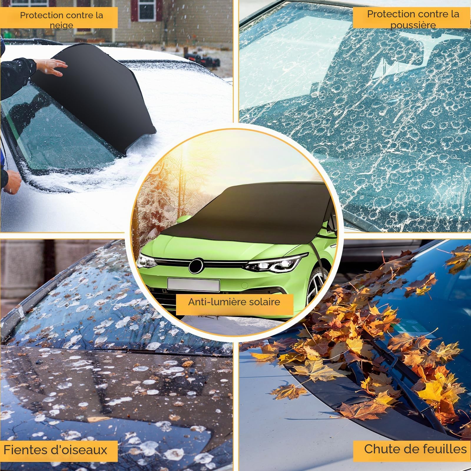 Couverture Pare Brise Voiture, Fixation magnétique Pliable Amovible Couverture Contre la Neige, Protege Pare Brise Givre，Protection Contre la Neige, Le Gel et Le Soleil