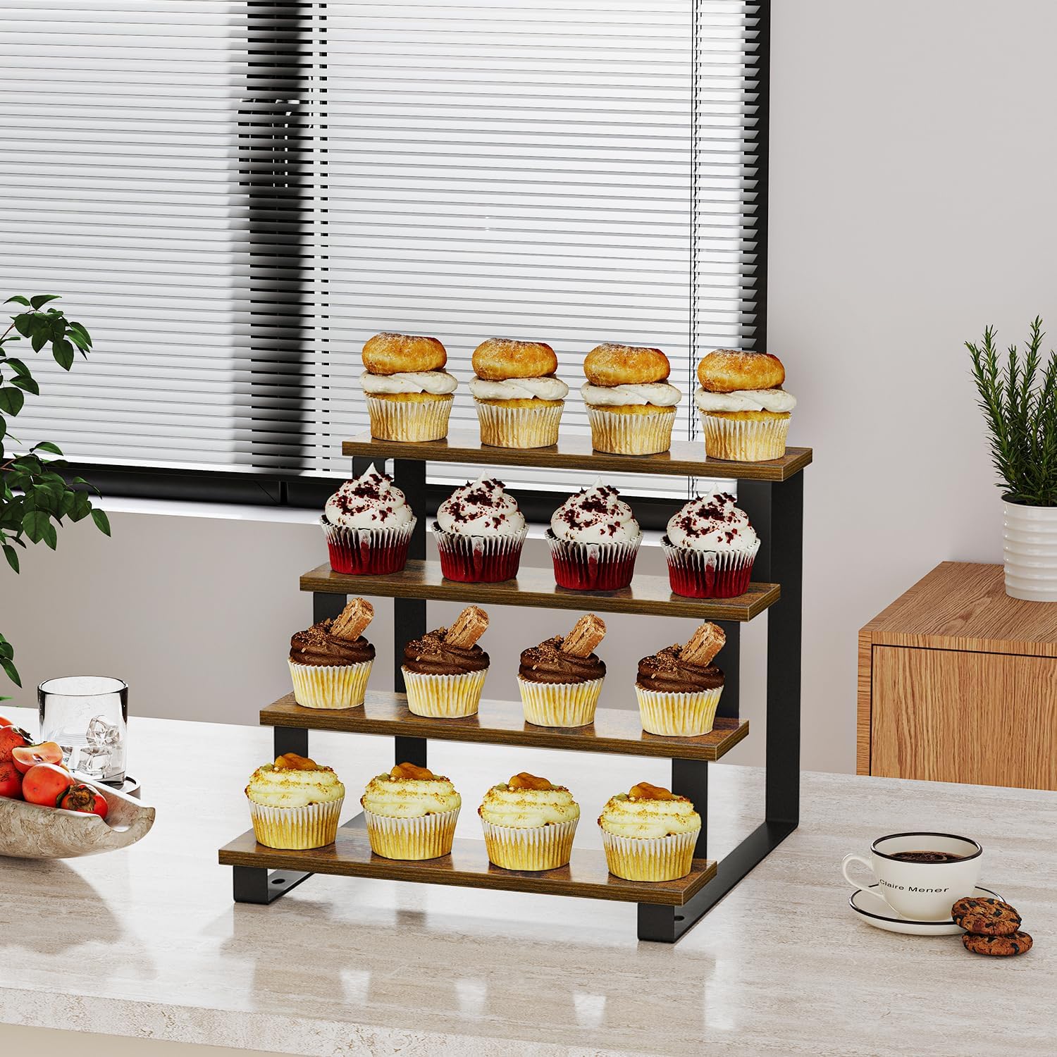 YINMIT Wooden Display Riser Stand,15.75 Inch Tiered Perfume and Cologne Organizer Stand, 4 Tier Spice Rack Organizer, Rustic Display Shelf for Cupcake, Figures, Candles (4 Tier Brown, 15.75 In)