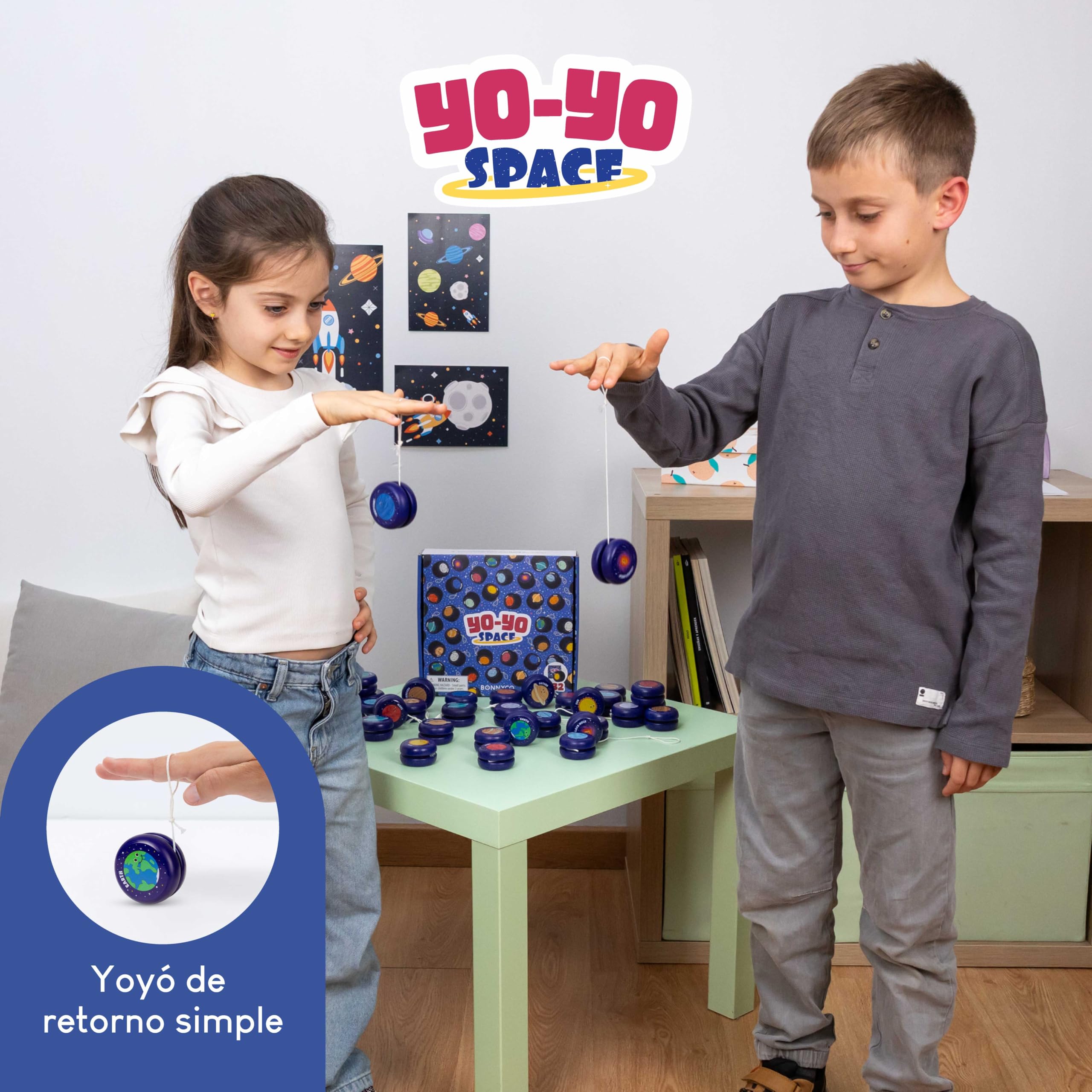BONNYCO Yoyo Niños Galaxia Pack 32 Regalos Cumpleaños Niños Colegio. Yoyo Madera, Detalles Cumpleaños Infantil Espacio. Pack Yo Yo para Relleno Piñata, Regalos Alumnos Primaria, Regalitos Invitados