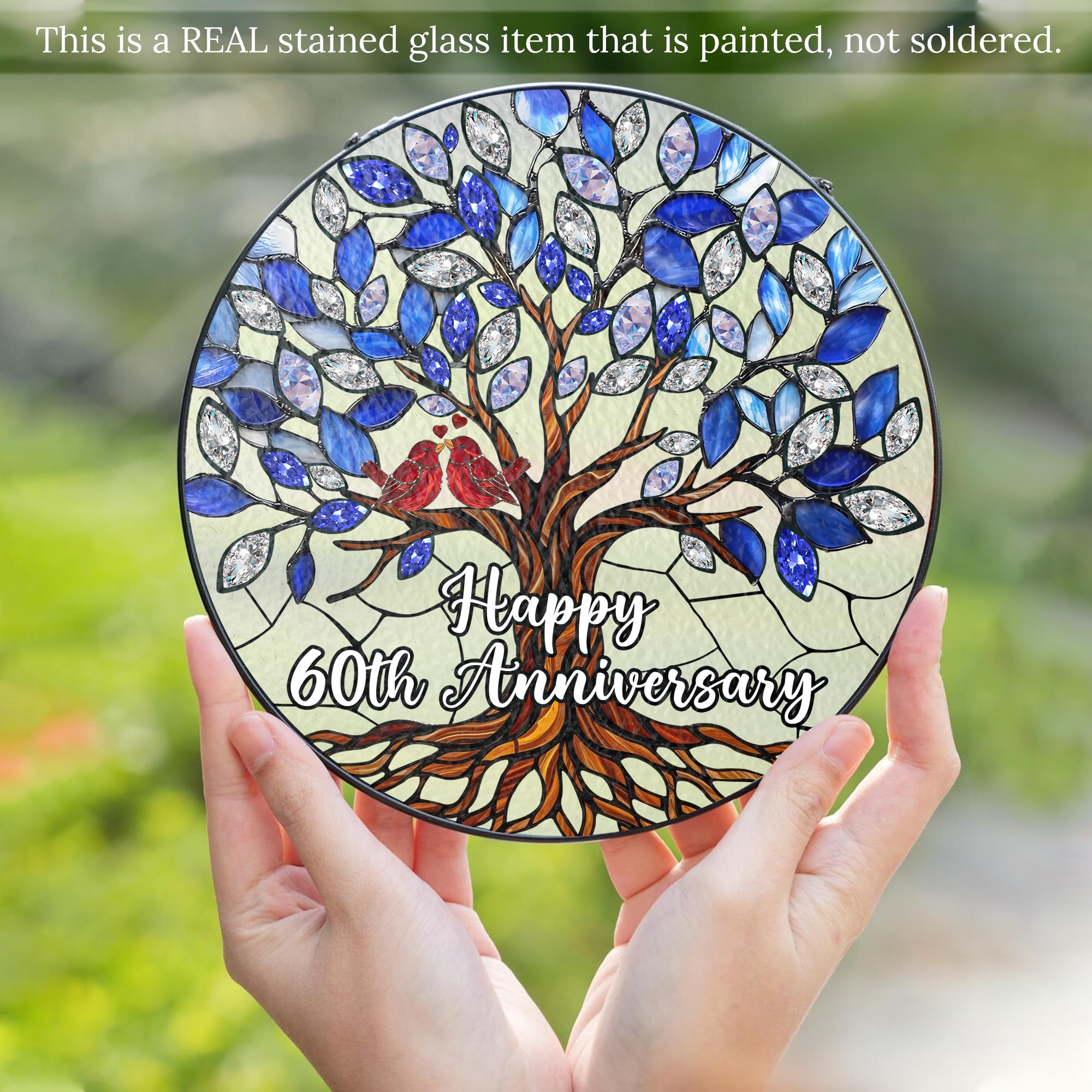 60th Wedding Anniversary Stained Glass Suncatcher, 6x6' Diamond Anniversary Decorations, 60th Celebration Marriage Gifts for Parents, Couple, Wife & Husband, 60 Wedding Milestone Keepsake