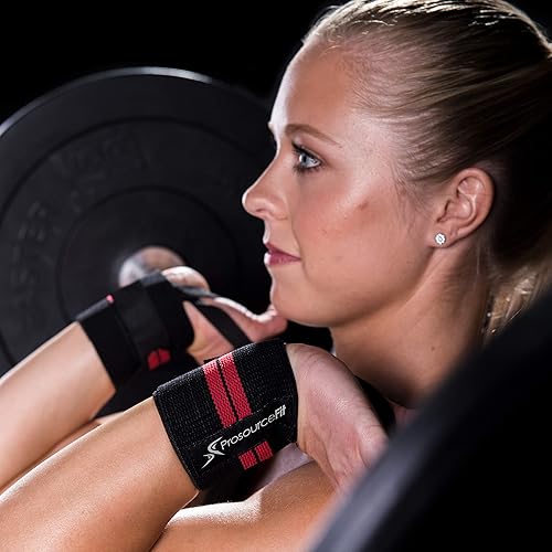 Miniatura 5 de ProsourceFit Par de muñequeras para levantamiento de pesas con barra con lazo para el pulgar, color rojo