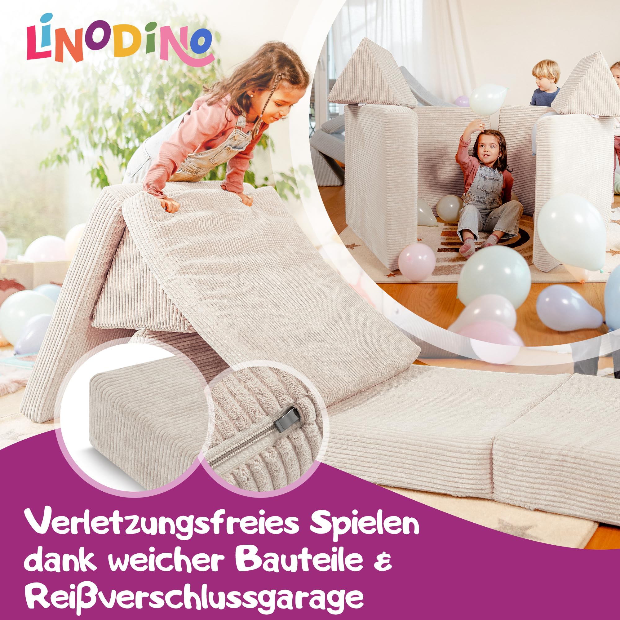 Linodino® Spielsofa Cord | Kindersofa aus Schaumstoff Bausteine - Spielsofa für Kinder & Kuschelecke im Kinderzimmer | Kindercouch | Oeko-TEX 100 Zertifiziert | Elfenzauber Beige