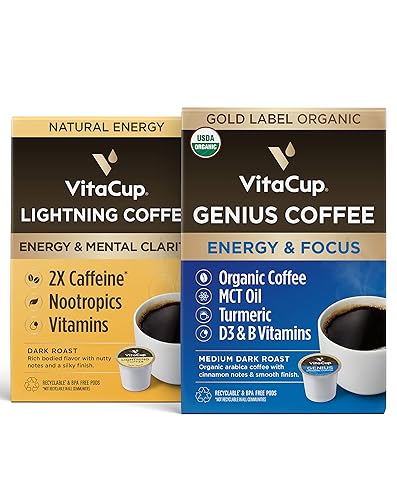 Vitacup Genius Gold & Lightning Coffee - Paquete de 32 cápsulas Energía y enfoque Superalimentos y vitaminas B1, B5, B6, B9, B12 infundidos