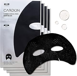 Cardon Complete Face & Beard Care Sheet Masks for Men - Korean Face Masks Skincare with Bamboo Charcoal Detox + Premium Beard Oil - 4 Pack for Deep Hydration, Anti-Aging & Post-Shave Comfort