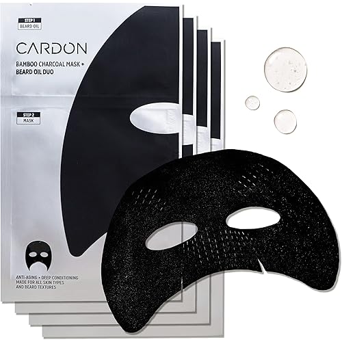 Cardon Face Mask for Bearded Men | Korean Sheet Mask for Men | Bamboo Charcoal Facial Mask and Beard Oil | 4-Pack