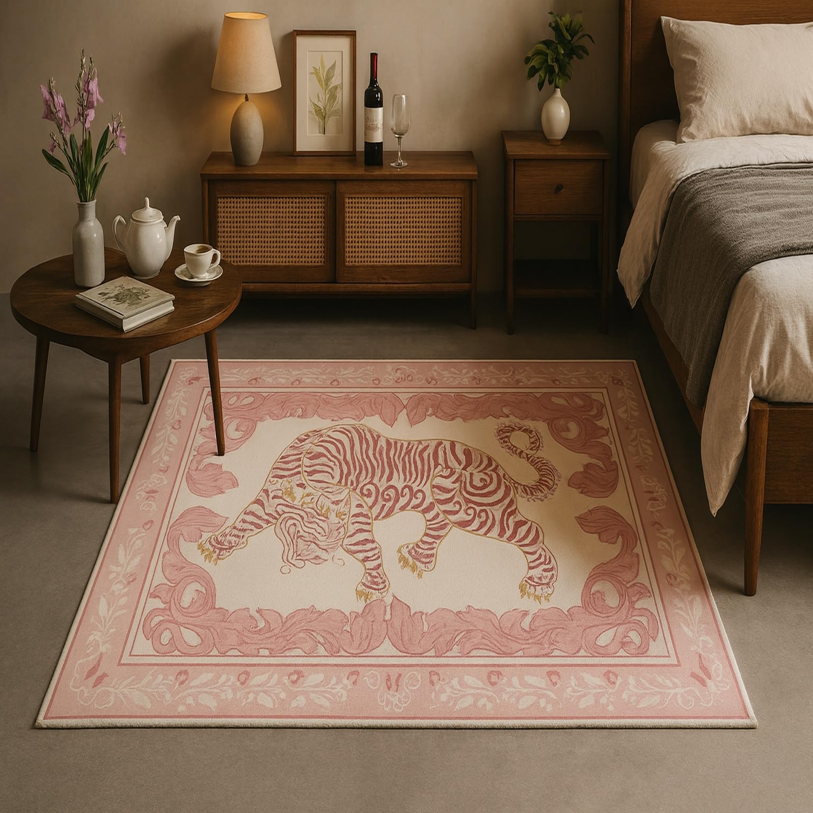 Tapis de chambre et cuisine rose floral lavable 170x240cm