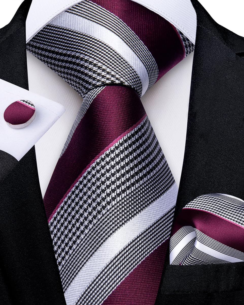 DiBanGu Mens Silk 3PCS Pre-Tied Zipper Tie Set Adjustable with Cufflinks Pocket Square for Business