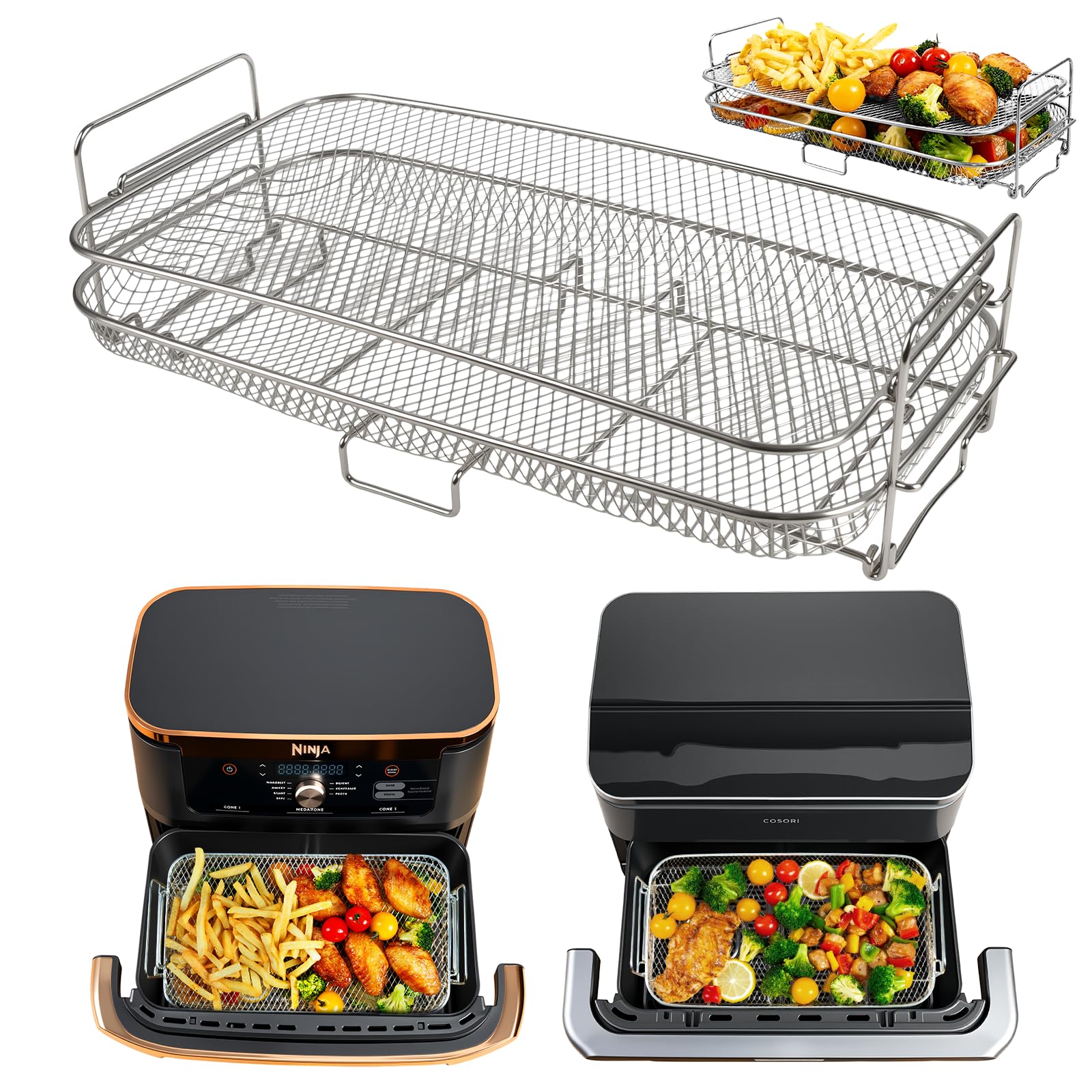 ENSINE Accesorio para freidora de aire caliente para Ninja AF500EU, rejilla de airfryer compatible con COSORI Dual Blaze Twinfry 10 l, ideal para patatas fritas y alitas de pollo, apilable