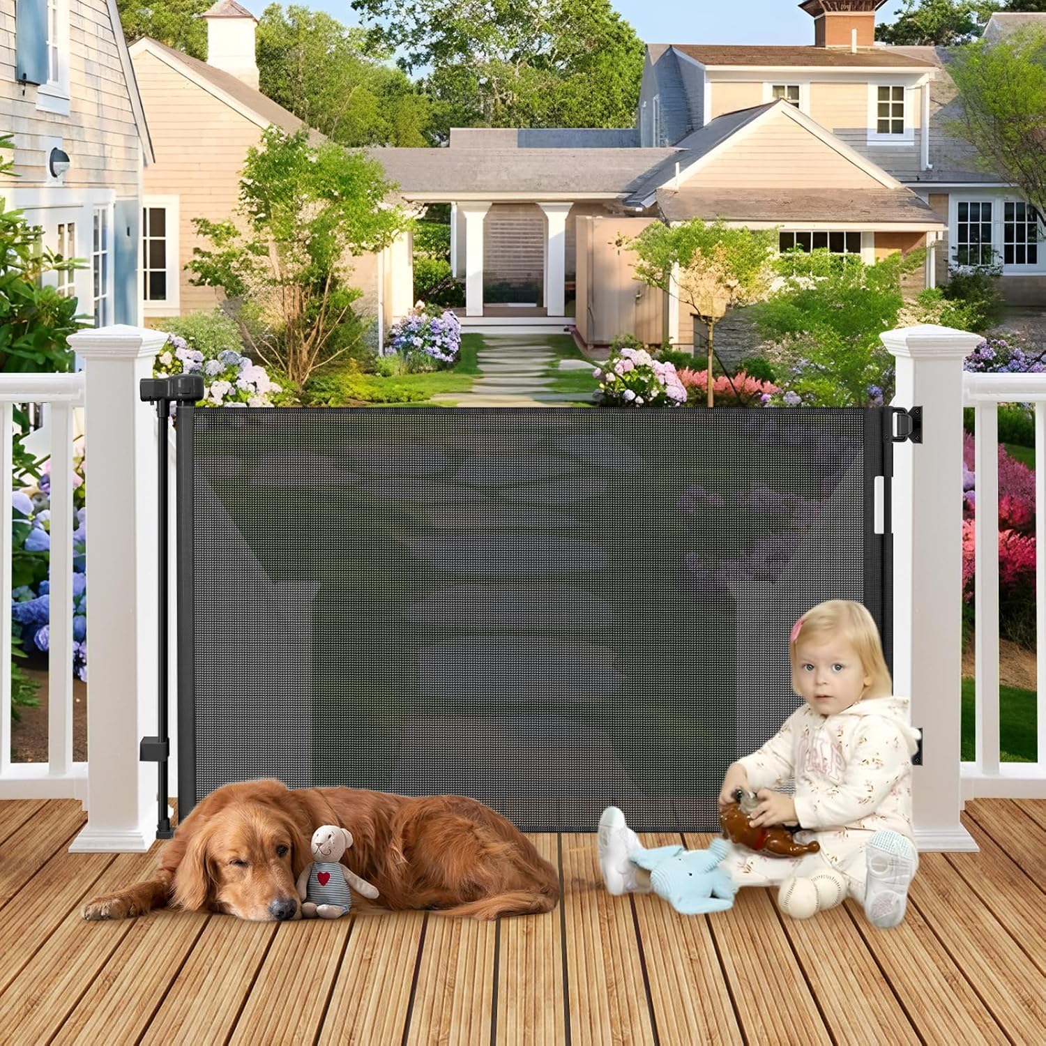 Photo 1 of 100" Wide Weatherproof Outdoor Retractable Baby Gates for Decks with No Rust Screws and Rods, Waterproof 8 Ft Extra Wide Baby Gate for Large Opening, Scratch-Resistant Mesh Retractable Dog Gate, Black