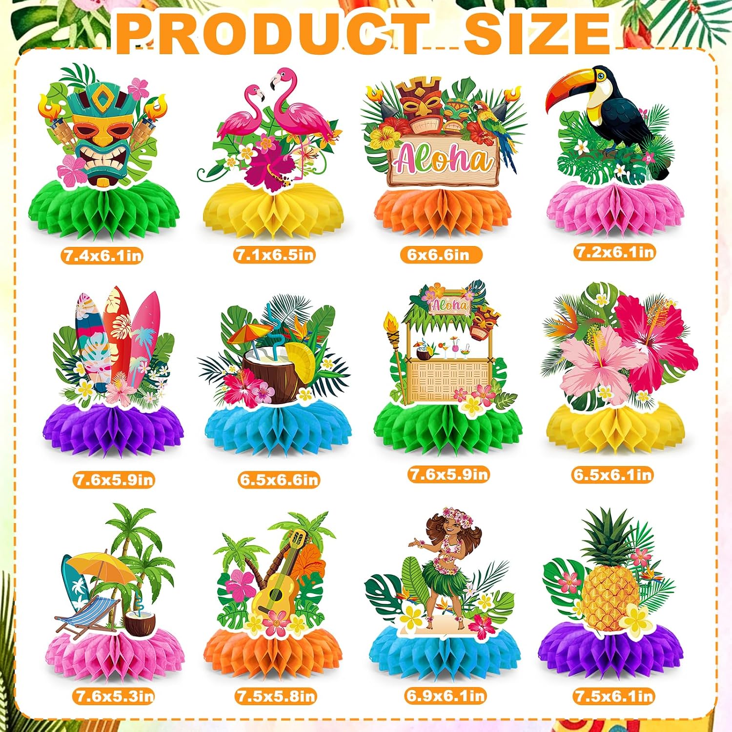12 Pcs Hawaiian Luau Party Decorations, Tropical Aloha Theme Honeycomb Centerpieces for Tables,Luau Hawaiian Table Honeycomb Centerpieces for Summer Tiki Birthday Wedding Pool Beach Party Supplies