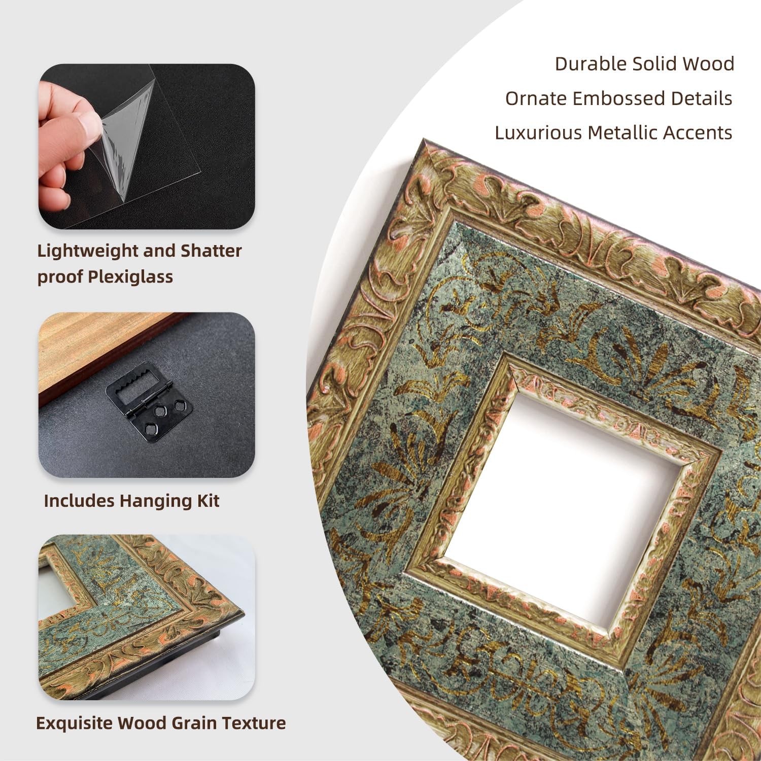 BWPFRAME Vintage 8x10 Picture Frame Matted to 5x7, Solid Wood, Ornate Frame,Emerald Green Hand Carved Relief Floral Border,with PlexiGlass and Backer, Wall Display Frame for Photos and Prints