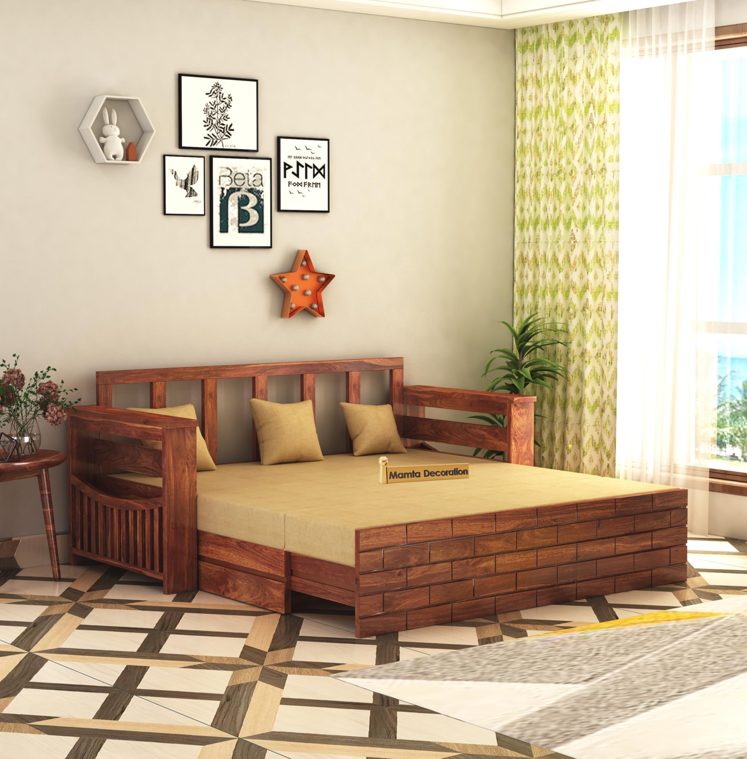 MAMTA DECORATION Solid Sheesham Wood 3 Seater Sofa Cum Bed With Drawer and Side Pocket Storage | Wooden Italian Bed With Headboard | Multipurpose Sofa Furniture for Home and Living Room (Honey Finish)