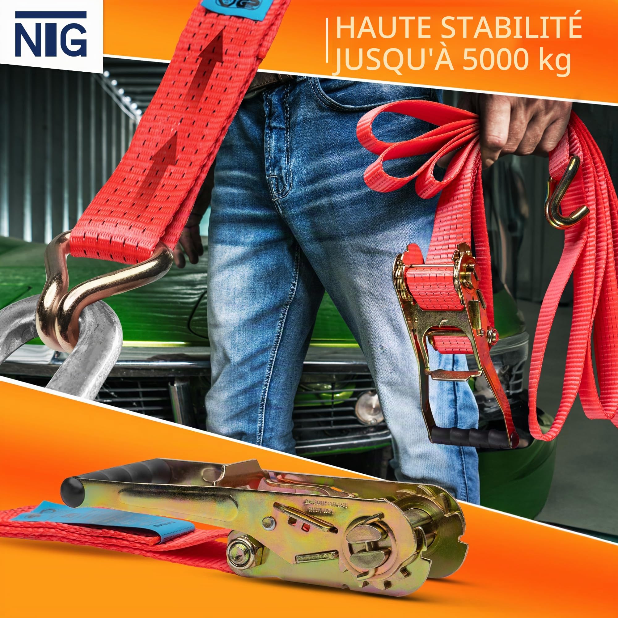 NTG Lot de 10 sangles d'arrimage avec cliquet - 8 m - Robuste - Pour camion, remorque et transporteur - 5 000 kg LC, 50 mm de large - Sangle d'arrimage certifiée TÜV/GS selon la norme DIN EN 12195-2