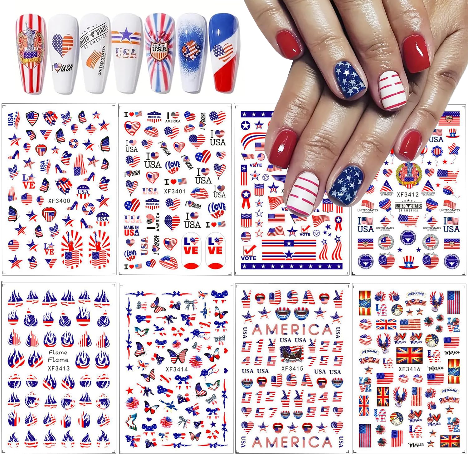 8 Sheets 4th of July Nail Art Stickers 3D Patriotic Nail Decals USA Flag Independence Day Nail Stickers for Nail Art Decorations Self-Adhesive American Flag Nail Art Design Supplies for Women Girls