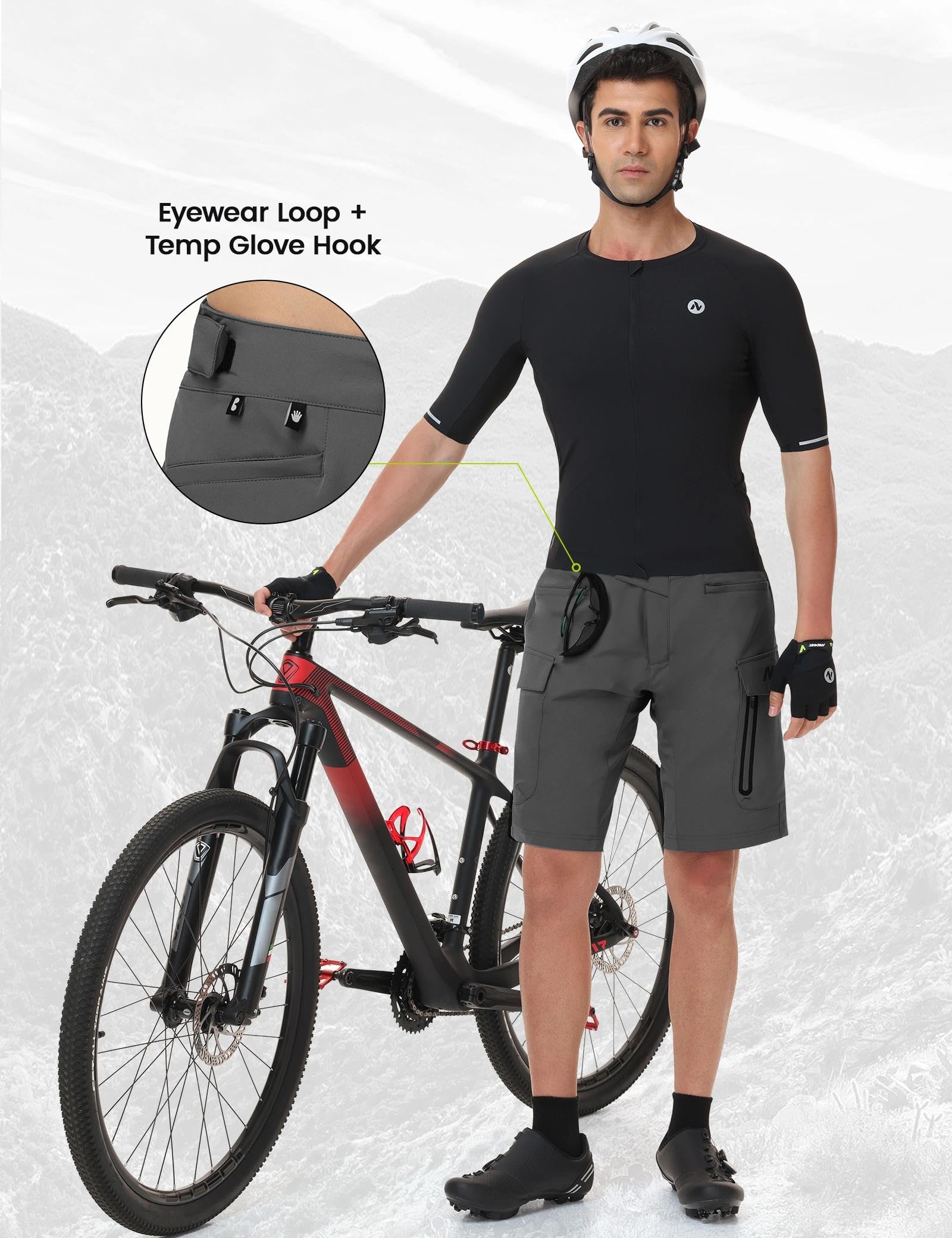 Nepest MTB Hose Herren Kurz 4D Gepolstert, 2-in-1 Abnehmbare Radhose | Fahrradhose Herren Gepolstert, Leicht, Wasserabweisend, 6 Taschen, Atmungsaktiv, Mountainbike Shorts, Radfahren, Trail