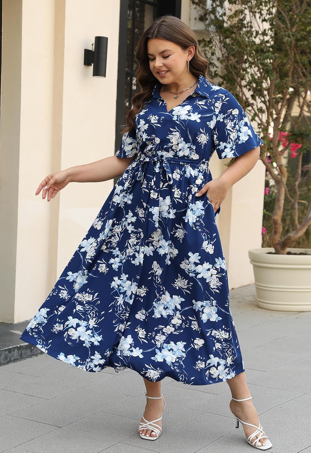 Keluummi Plus Size Wedding Guest Maxi Dresses for Curvy Women, Summer Casual Floral 3/4 Sleeve Party Wrap Dress with Pockets - Image 6