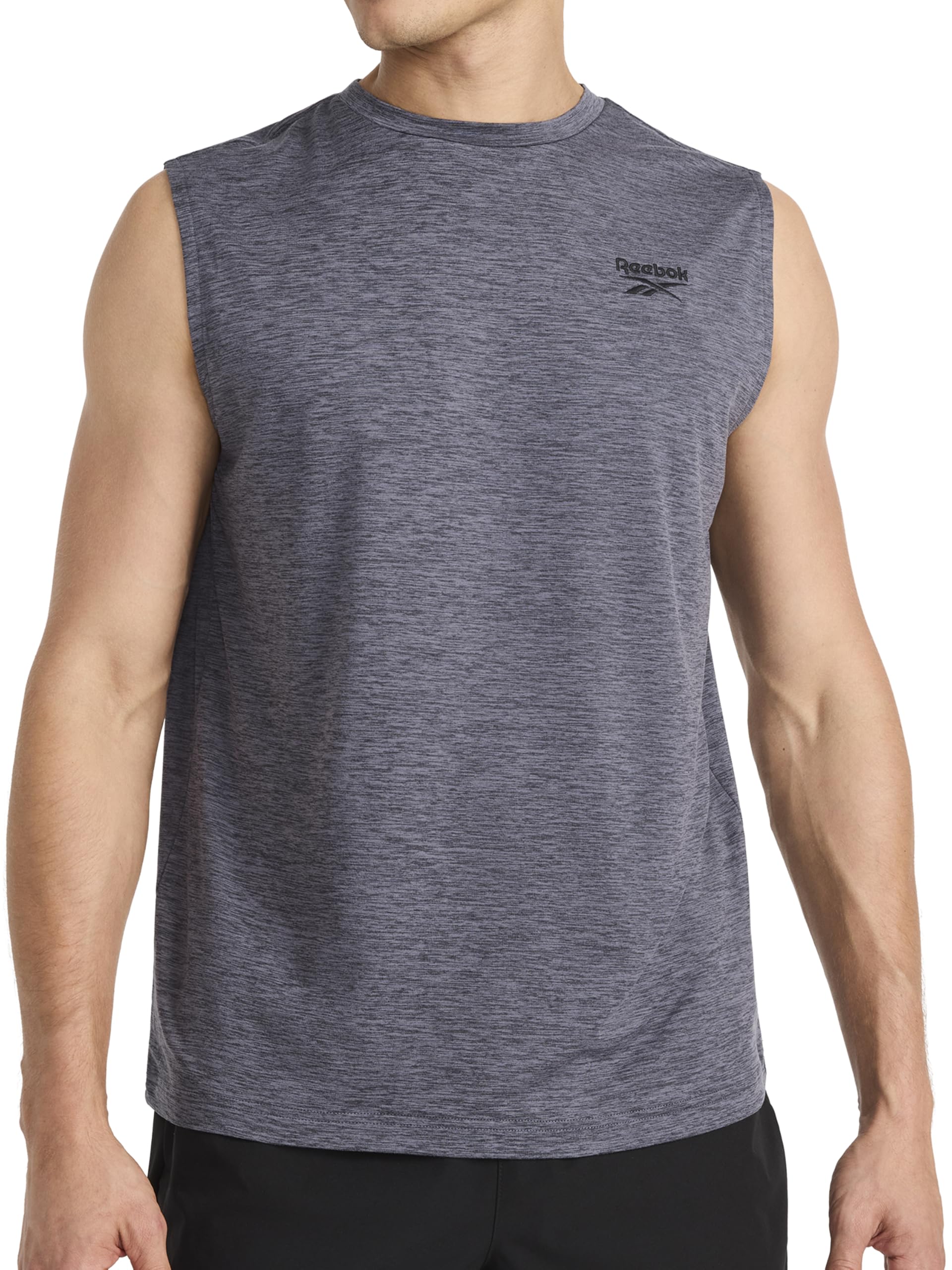 Reebok Men's Ebony Heather Apparel Elite Sleeveless Crewneck T-Shirt, Large