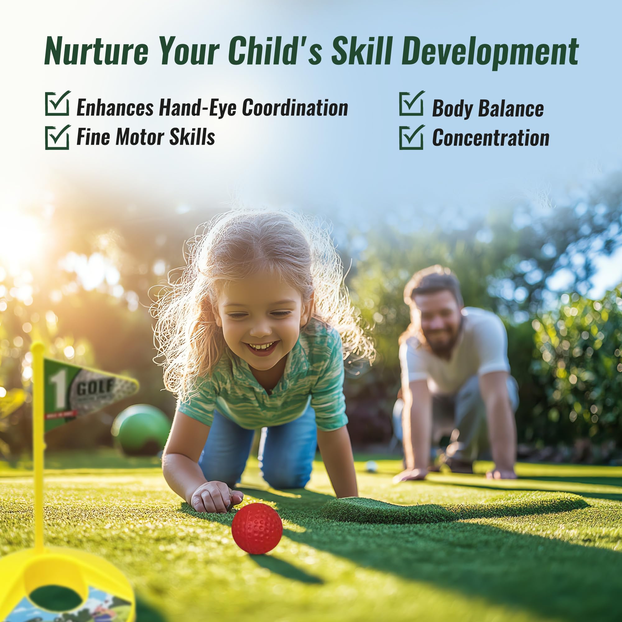 Toddler Golf Clubs Set - Kids Retractable Indoor Outdoor Game Play Toys for 3 4 5 6 7 8 Years Old Boys Girls - Realistic Yard Toy Kit with Adjustable Golf Club Putting Mat Cornhole Board Scoreboard - Image 5