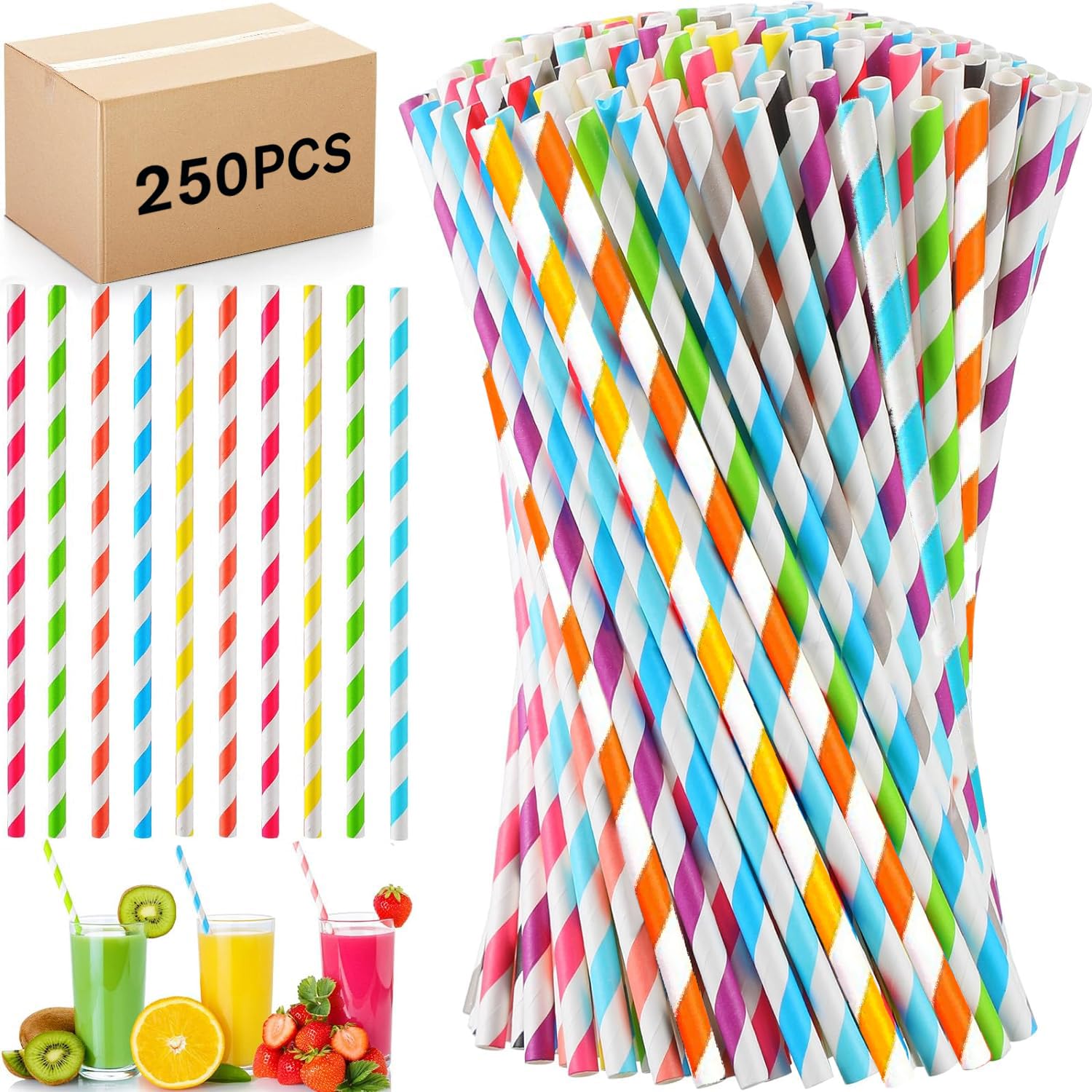 250-Pack Paper Straws Drinking Assorted Straws, Drinking Straws Biodegradable Party for Restaurant-Juice-Coffee-Cold Drinks Drinking Paper Durable