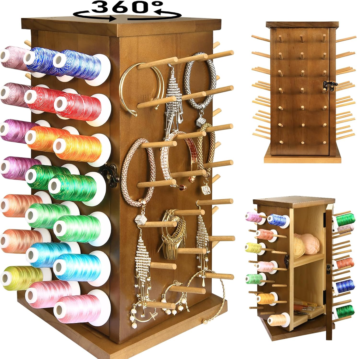 Wooden 84 Spools Thread Rack/Thread Holder Organizer with Inner Storage Compartments, 360° Fully Rotating Thread Storage Organizer for Sewing, Embroidery, Hair-braiding and Jewelry (Brown)
