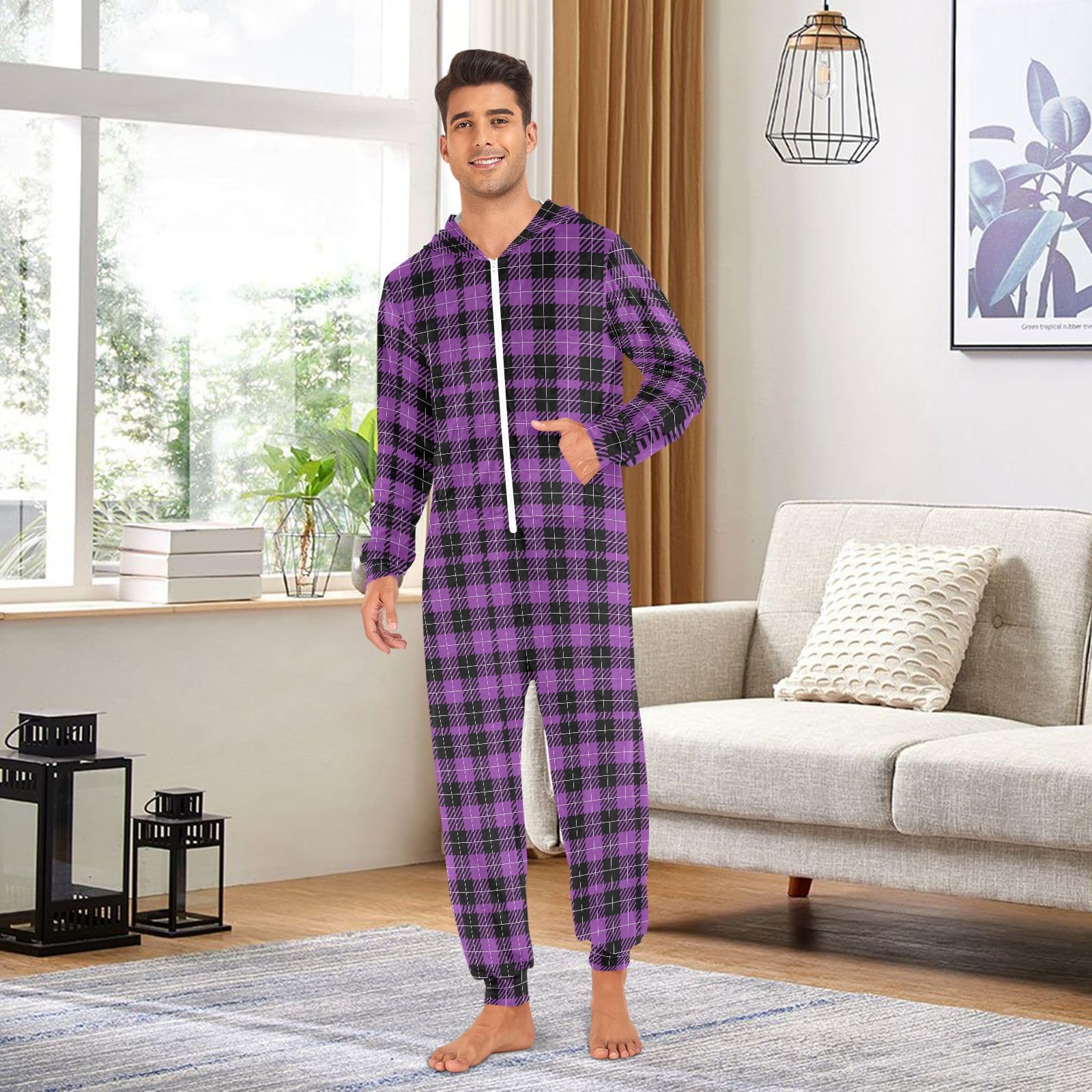Einteiliger Schlafanzug für Erwachsene, Unisex, für Damen und Herren, violettes Karomuster, lustiges Kapuzen-Kostüm, Pijama de una pieza, Größe M