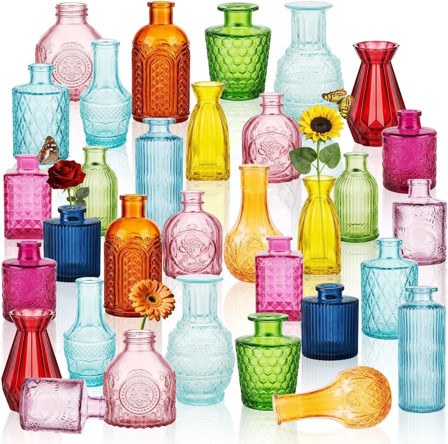 32 PCS Assorted Vintage Bud Vases, Colorful Glass Small Vases Bulk, for Centerpieces, Wedding Table Decor, Home Decorations & Gifts (Colorful rieires)