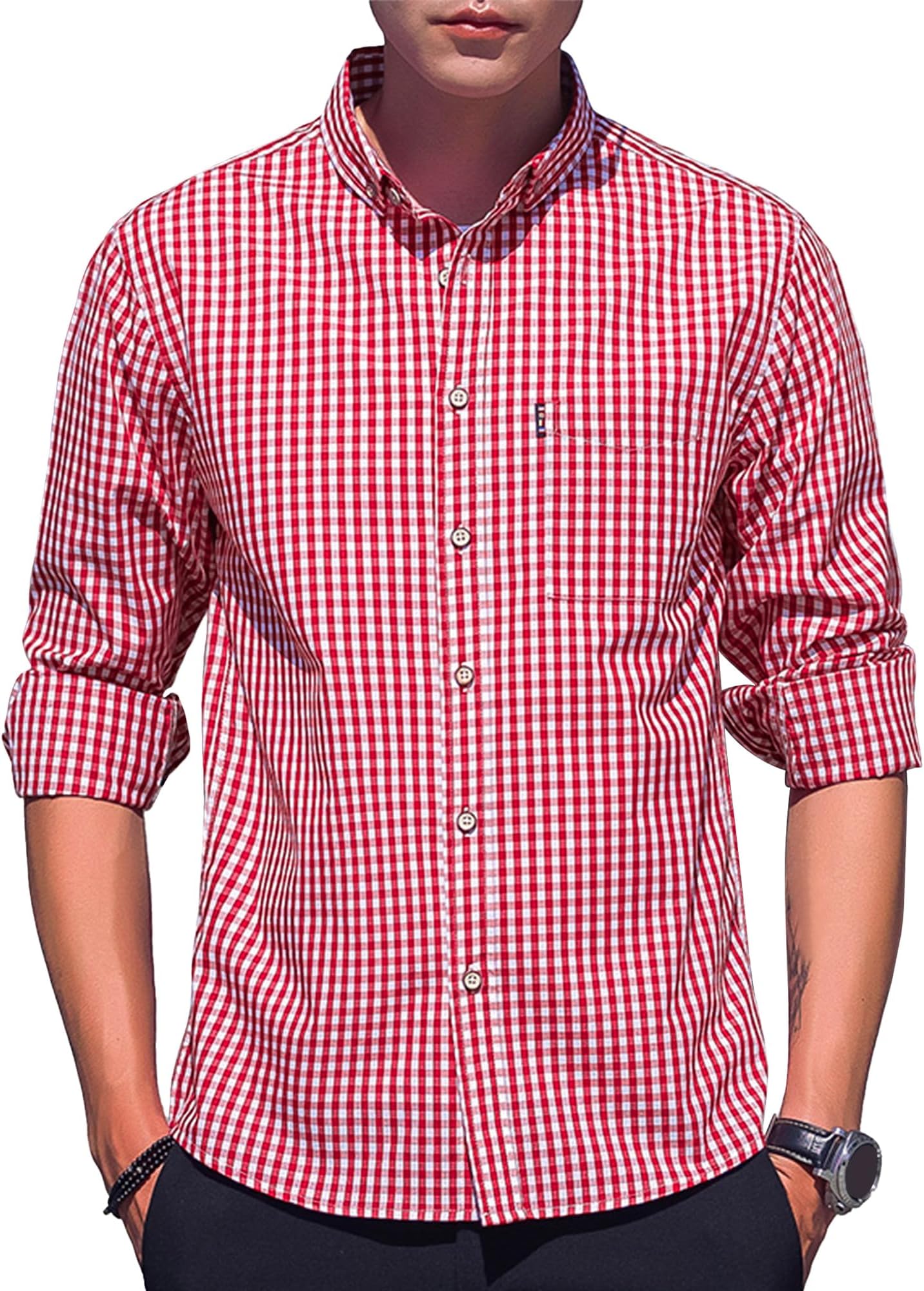 Mens Causal Button Down Shirt Checked Long Sleeve Tops Regular Fit Classic Plaid Shirts Western Country Style Shirts