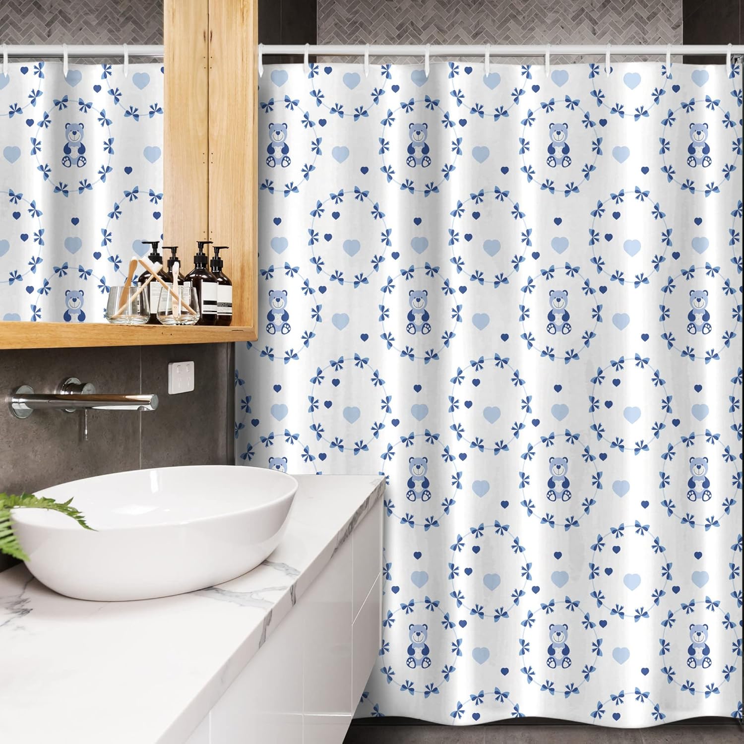 Ambesonne Cartoon Stall Shower Curtain, Design Ribbons Teddy Bears Hearts Art, Fabric Bathroom Decor Set with Hooks, 54" W x 78" L, Purple Grey