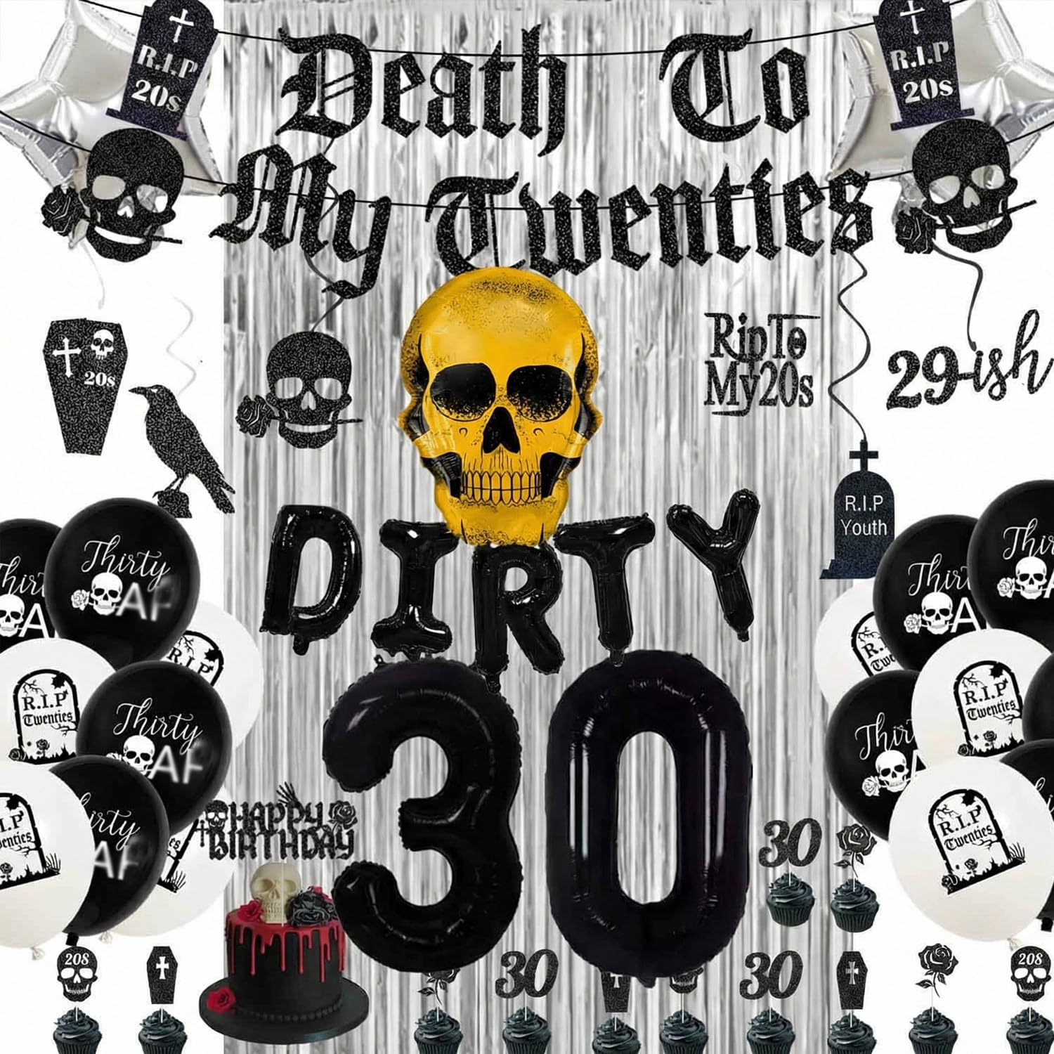 Dirty 30th Birthday Decorations Black Death to My Twenties Decorations, Funeral for my Youth, RIP 20s Birthday Banners 30th balloons,Cake Topper,Sash