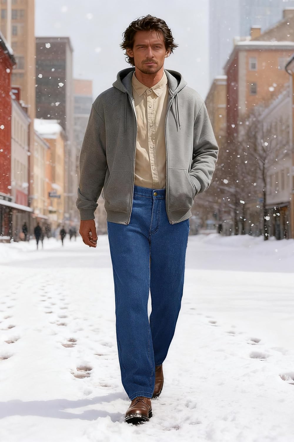 Soojun Mens Elastic Waist Fleece Lined Jeans Relaxed Fit with Zipper and Button - Image 8