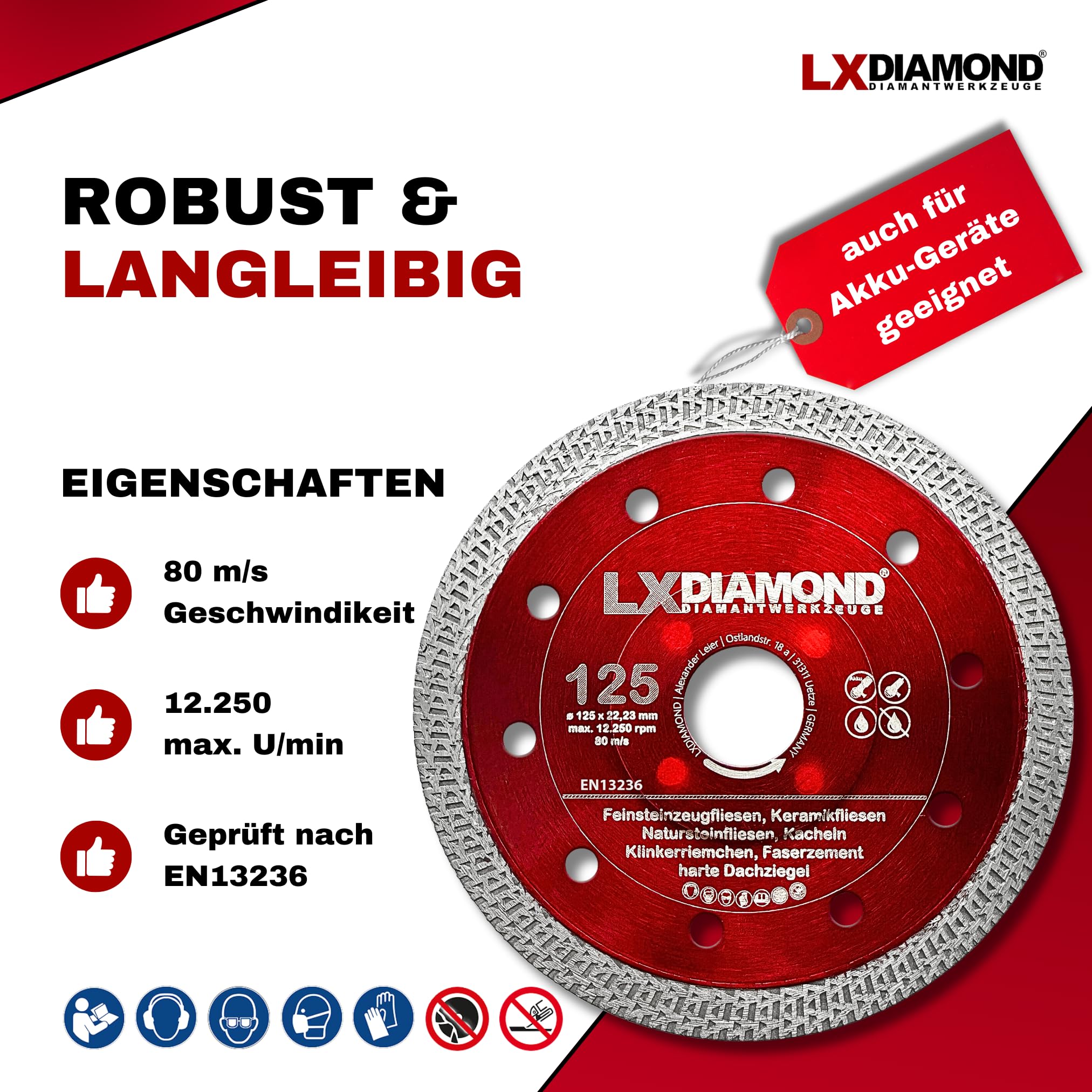 Diamant-Trennscheibe 125mm x 22,23mm - Diamantscheibe für Feinsteinzeugfliesen Fliesen Natursteinfliesen - Segmentbreite 1,4mm dünn - Premium Trennscheibe 125 mm für Winkelschleifer
