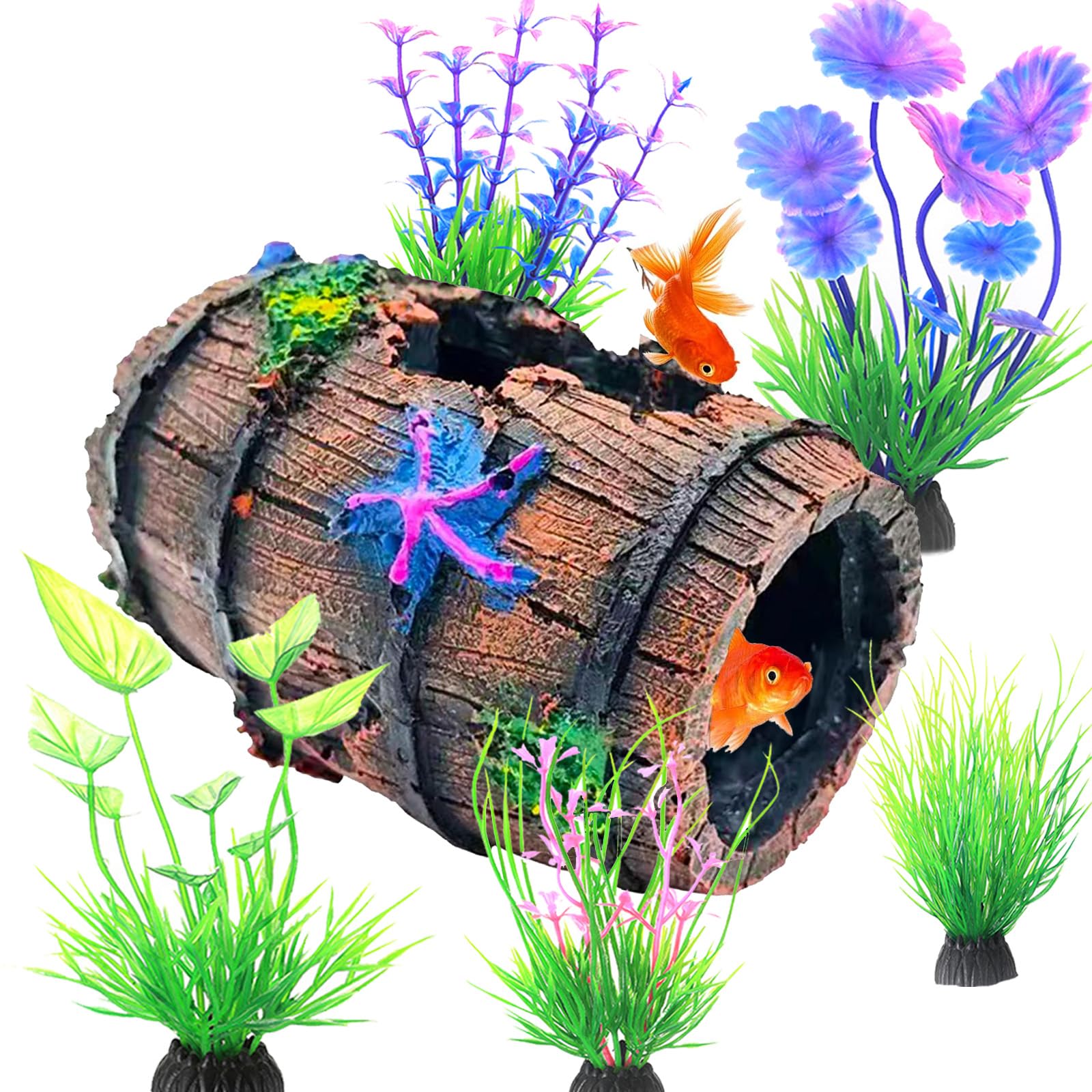 YouthLoxus Fish Tank Decorations, Resin Broken Bucket Aquarium Ornaments, 6.5x9.3CM Starfish Bucket Fish Tank Accessories x1 Fish Tank Plants x5,for Housing Shelters for Fish and Shrimp Hiding