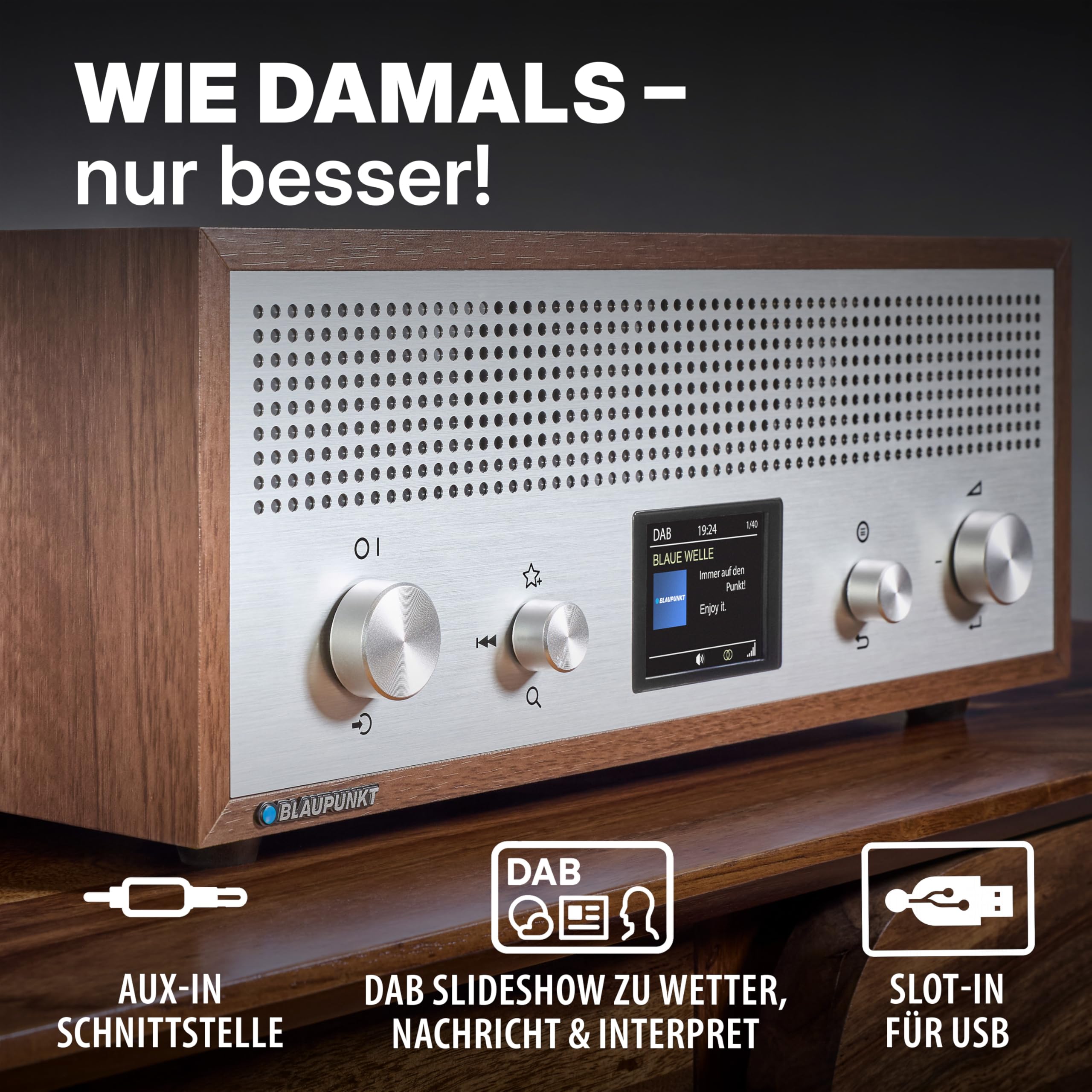 Blaupunkt Verona RXD 190 walnuss, DAB+ Radio Retro Design, Küchenradio mit Bluetooth 5.0, UKW Digitalradio in Holzoptik & Farbdisplay, AUX-In, USB Ladefunktion, 15 W RMS