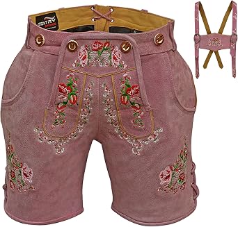 Womens Suede Lederhosen Rose Pink Oktoberfest Costume Bavarian Lederhosen German Outfit Traditional Clothing