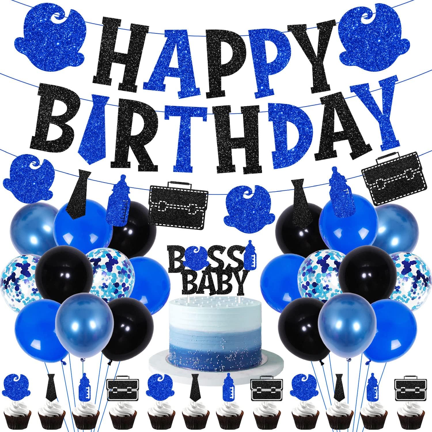 Boss Birthday Party Decorations for Blue Black Boss Boy Baby Themed Happy Bday Banner Cake Toppers Balloons Set for Newborn Boy Child Kid Bday Party 1st 2nd 3rd Birthday Decor Supplies
