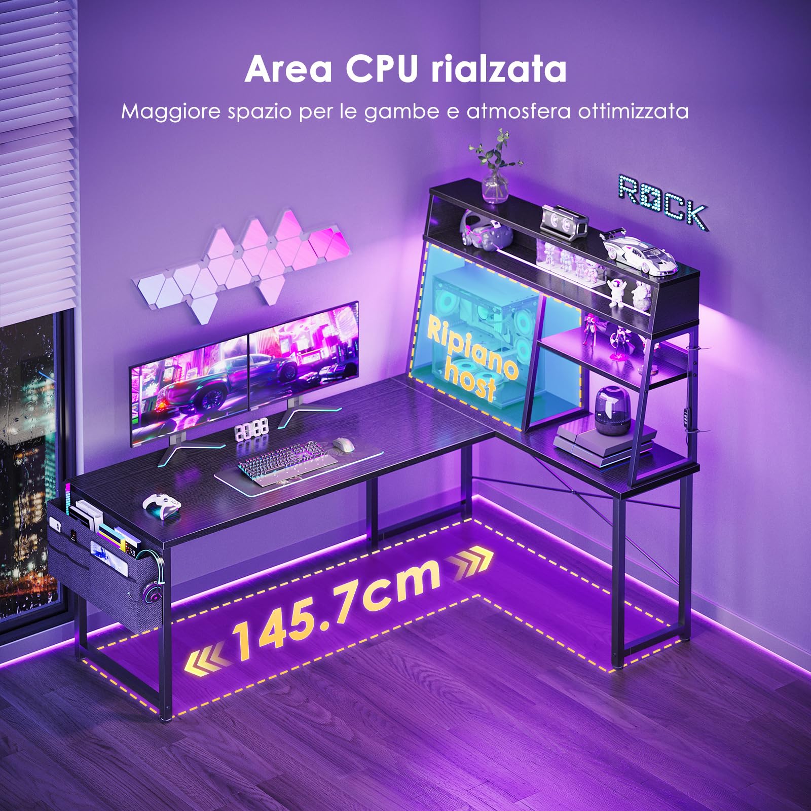 Coleshome Scrivania Gaming Angolare con LED, 150 × 100 cm, Nera | Scrivania Ad Angolo Reversibile con Scaffale e Borsa Portaoggetti, per Postazione Gaming e Home Office