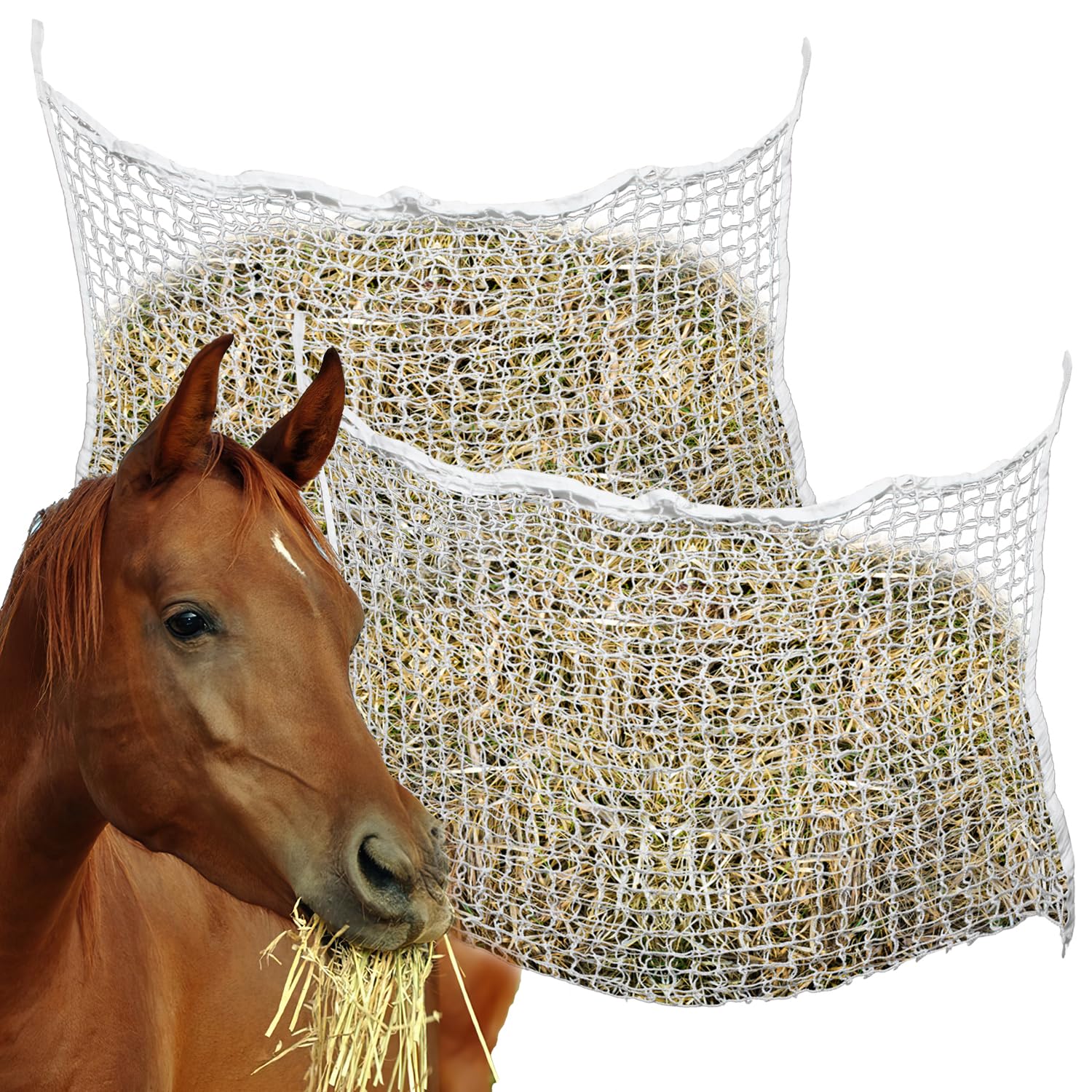 160 x 100 rete da fieno per cavalli, a maglia stretta, 3 x 3 cm, migliora la digestione e il benessere, per pony, cavalli giovani, capre, 2 pezzi