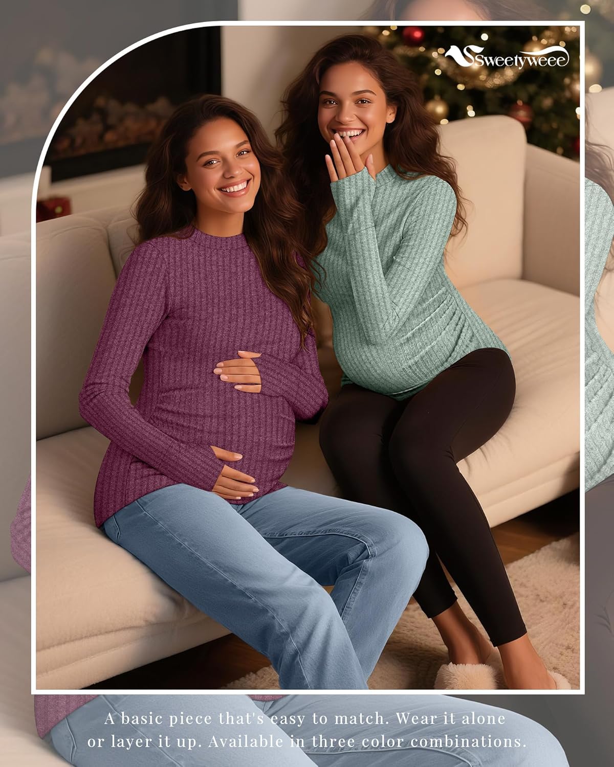 3 Pack Women's Maternity Shirts Mock Turtleneck Long Sleeve Ribbed Pregnancy Tops with Thumb Hole Mama Clothes - Image 5