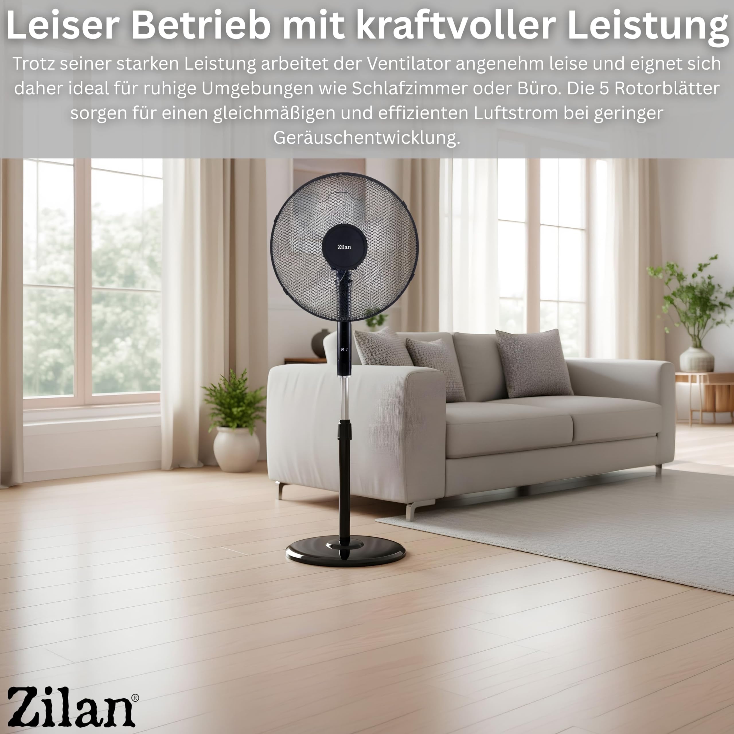 Zilan Standventilator 48W leise mit Fernbedienung Timer Ø43cm 3 Stufen Oszillation höhenverstellbar