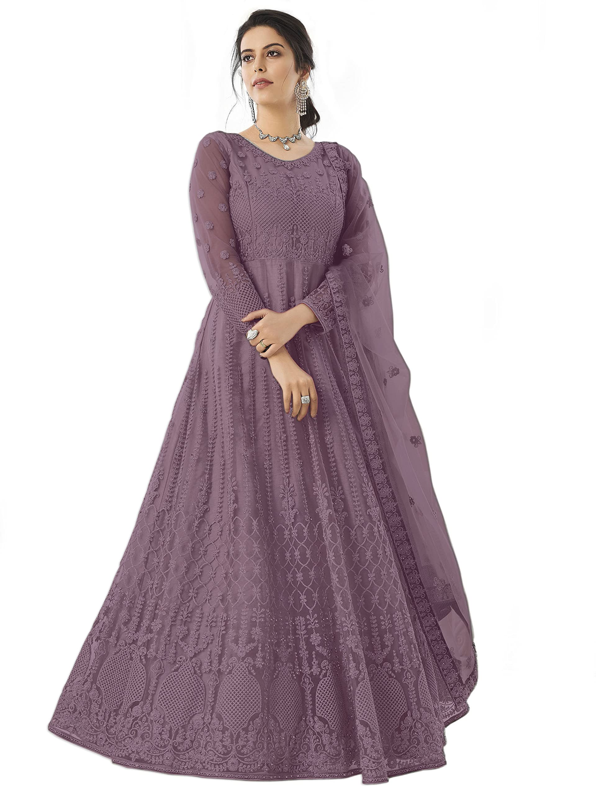 Women Long Gown, Net with Ultra Satin Inner Ethnic Flared Gown for Girl's/Women's Semi Stitched Gown