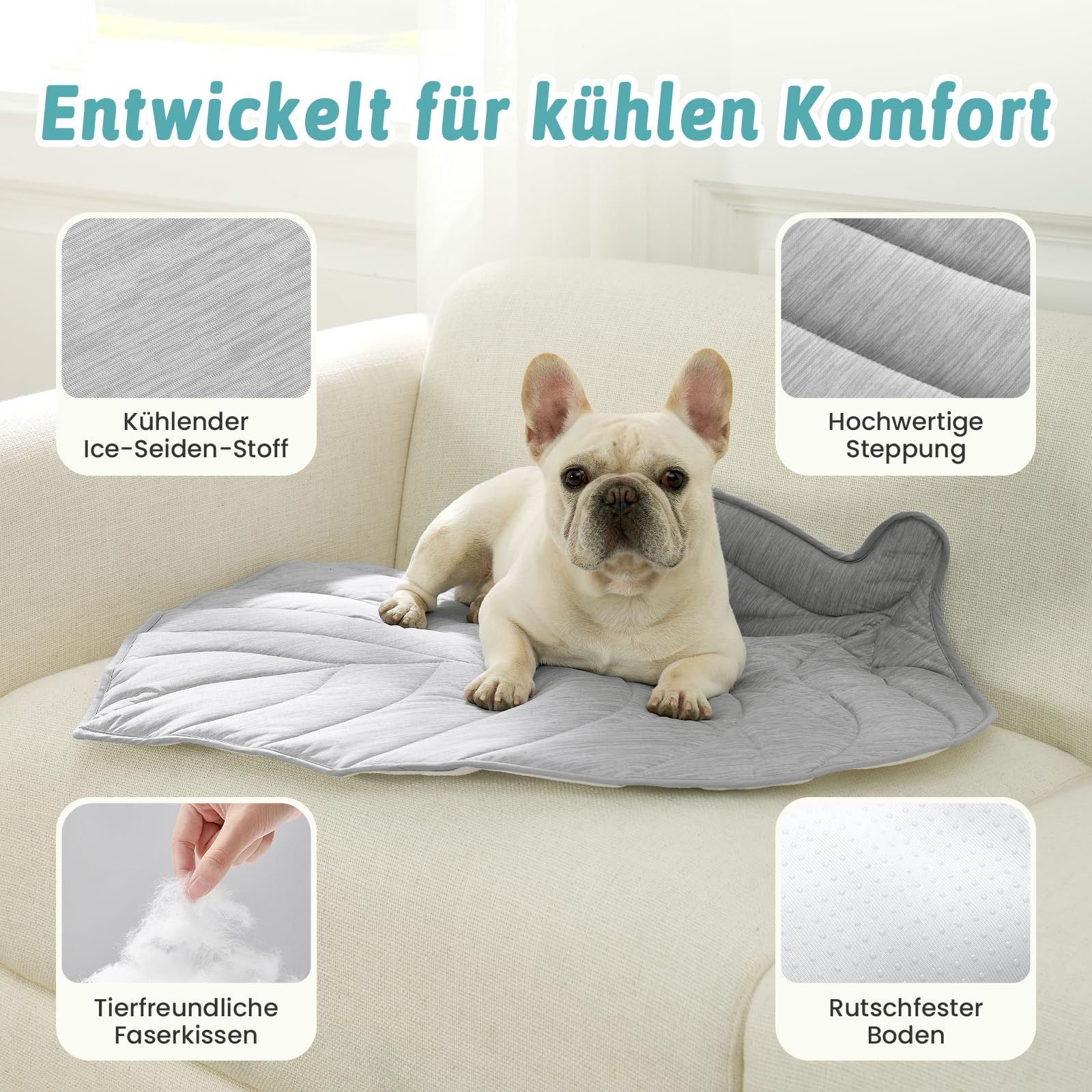 COZY KISS Kühlmatte für Große Hunde 99x86cm, Selbstkühlende Hundematte Q-Max>0.4 für Sommer, Kühlkissen ohne Gel wasserfest rutschfest waschbar für Groß Katzen, Sofa Bett Boden Auto, Grau