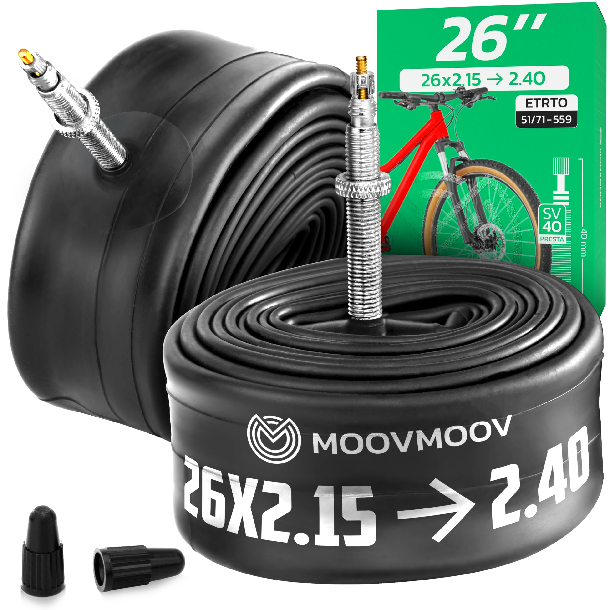 MOOVMOOV Fahrradschlauch 26 Zoll (Presta-Ventil) - Passend für Reifen 26x2.15, 26x2.20, 26x2.25, 26x2.30, 26x2.35 und 26x2.40 (ETRTO 51-559 bis 71-559) - 2er Set