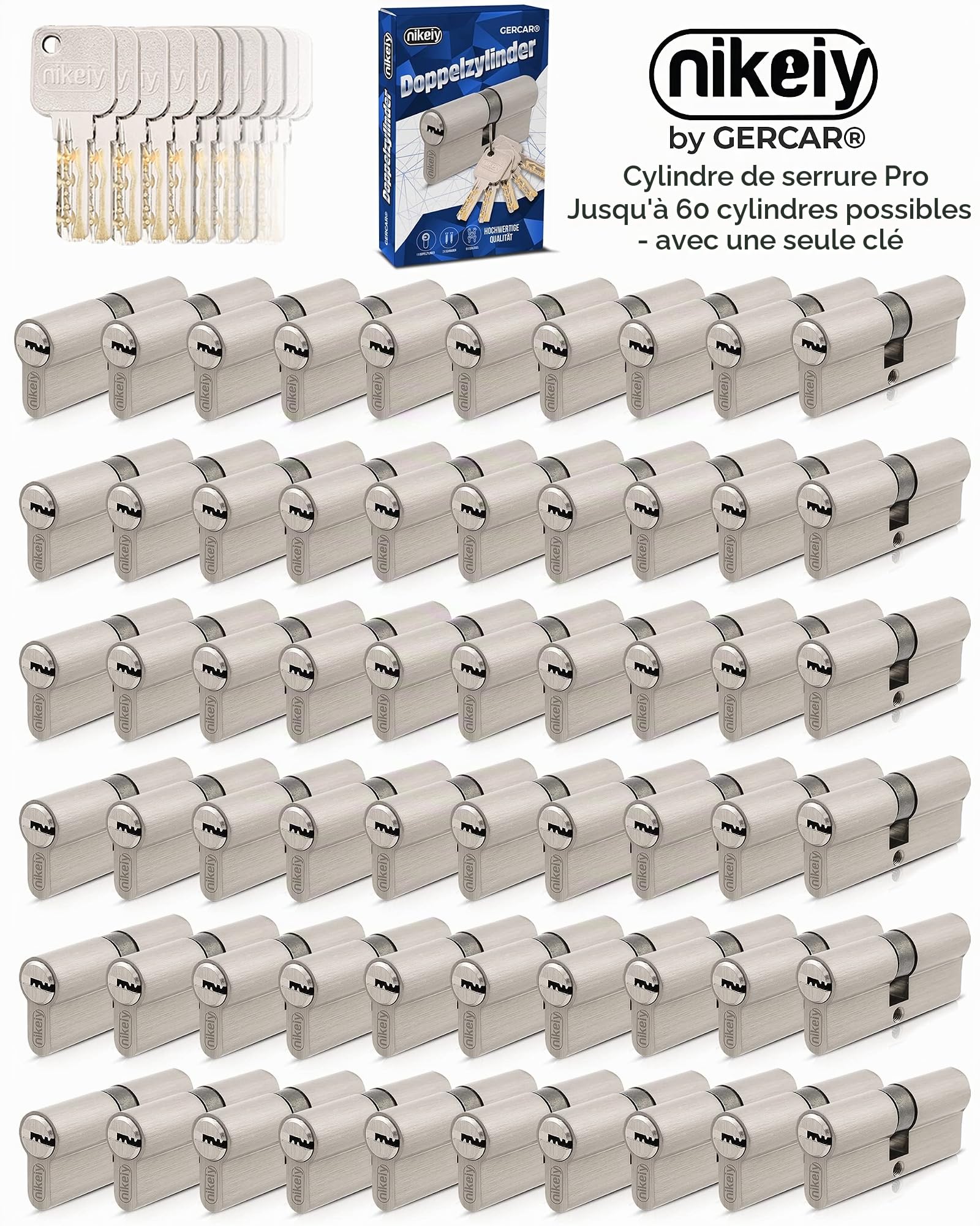 GERCAR - Pro - Lot 12x cylindre à double entrée 80 mm - 12x cylindre serrure/barillet de porte d'entree/interieure 40/40 mm - En laiton Avec 60 clés - Longueur : 80 mm, A: 40 B : 40