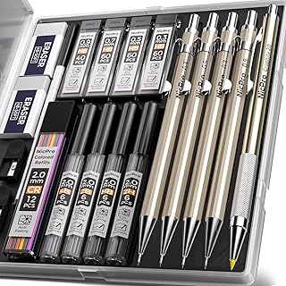 Nicpro 5 PCS Art Mechanical Pencils Set, Metal Artist Drafting Pencil 0.3 & 0.5 & 0.7 & 0.9 & 2mm Graphite Lead Holder for Writing Sketching Drawing With Lead Refills Eraser, with Case