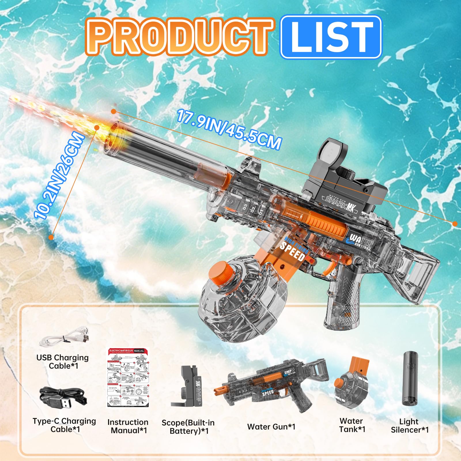 Pistolet à Eau éLectrique pour Enfants, Pistolet à Eau Automatique Longue PortéE, Water Gun Electric Longue Porté Jusqu'à 10M Jouet Cadeau pour Garçon Adulte (UMP45 Noir)