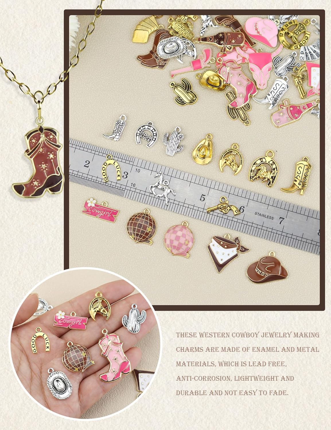 60pcs Western Cowboy & Cowgirl Charms for Jewelry Making, Antique Silver Gold Enamel Pendants Hat Boot Horse Cactus Trinkets for Bracelet Necklace Earrings Keychain(4 colors) - Image 4