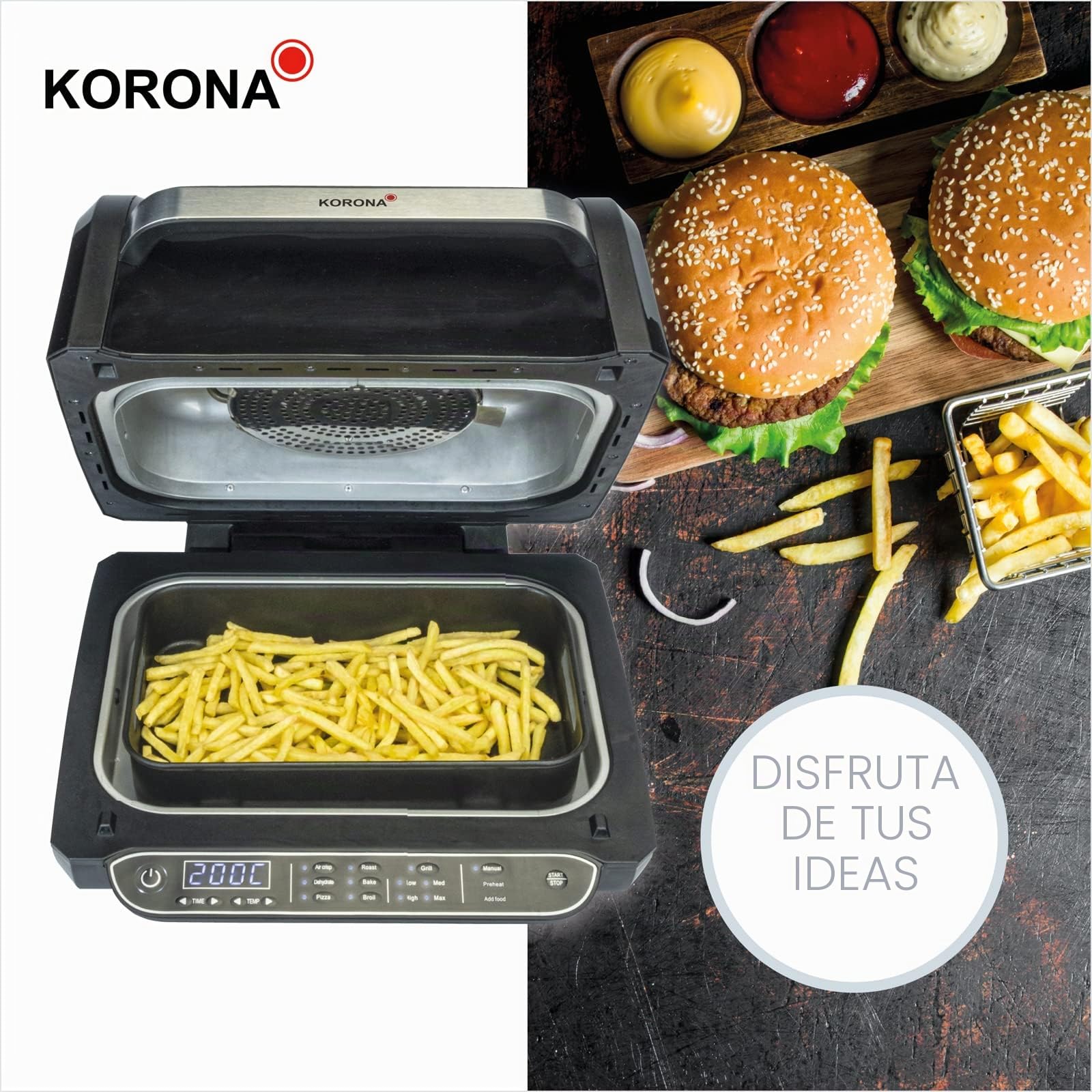 Korona 46160 Barbacoa y freidora de aire caliente | 6 litros | 8 funciones – Freidora de aire caliente, horno, horno de pizza, deshidratador, función asado, barbacoa, 4 niveles de cocción, rejilla