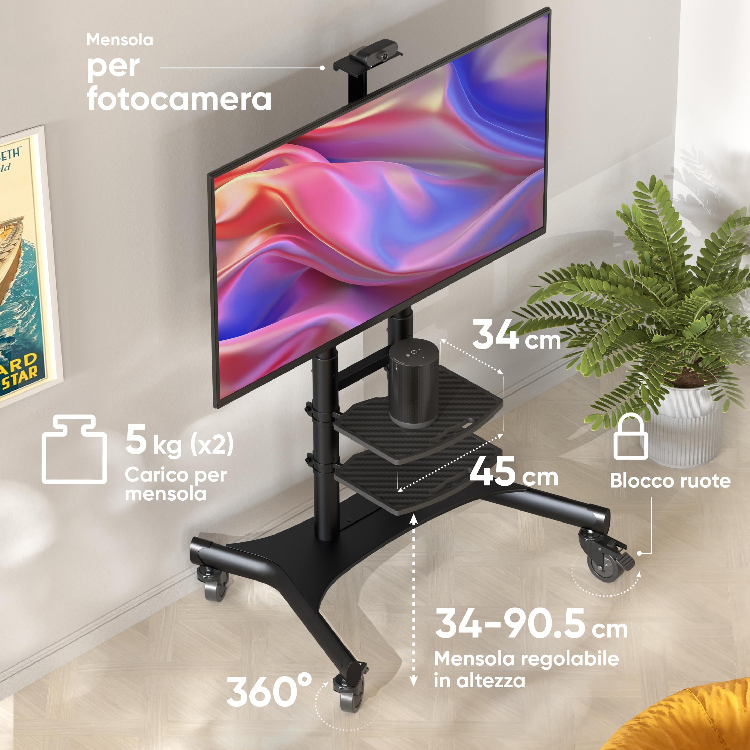 ONKRON Supporto TV da Pavimento 50-86 pollici, Carico Totale fino a 105,9 kg, VESA 200x200-800x500 mm, Carrello Porta TV con Ruote, Porta Televisore da Terra, Mobile, con Ripiani, Nero TS1881-B