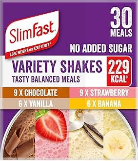 SlimFast Variety Shakes Sachet Assorted Box, Tasty Shakes for Balanced Diet, Chocolate, Strawberry, Vanilla and Banana Flavours,, 10 Count (Pack of 3)